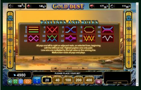Gold Dust Slot Machine Paylines Screen
