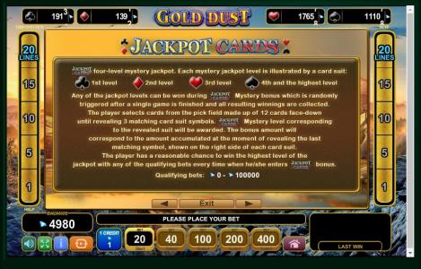 Gold Dust Slot Machine Jackpot Cards Feature Screen