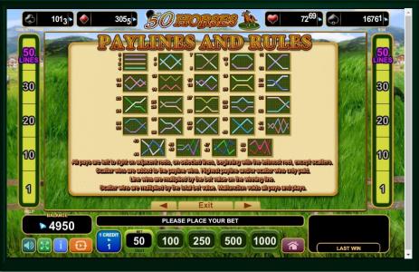 50 Horses Slot Machine Paylines Screen