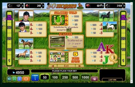 50 Horses Slot Machine Scatter Awards and Wild Symbol Screen
