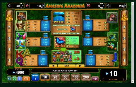 Amazing Amazonia Slot Machine Paytable Screen