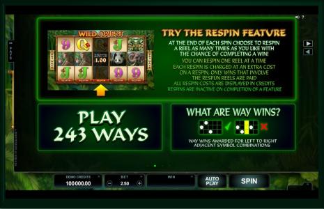 Wild Orient Slot Machine Respin Feature and 243 Ways Pay Screen