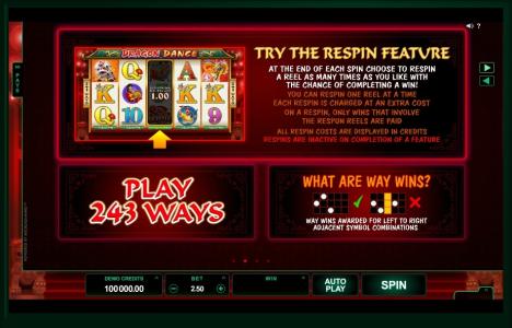 Dragon Dance Slot Machine Respin Feature Screen