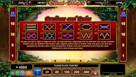 Book Of Magic Slot Machine Paylines Screen