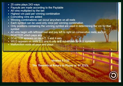 Golden Hen lot Machine Paylines and RTP 97.222% Information Screen