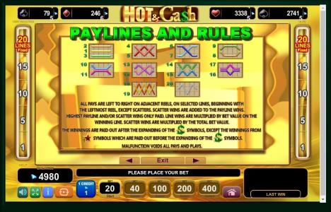 Hot Cash Slot Machine Paylines Screen