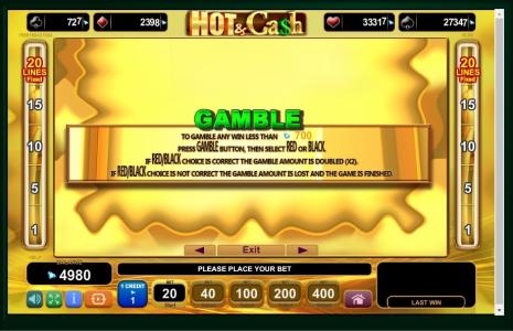 Hot Cash Slot Machine Gamble Feature Screen