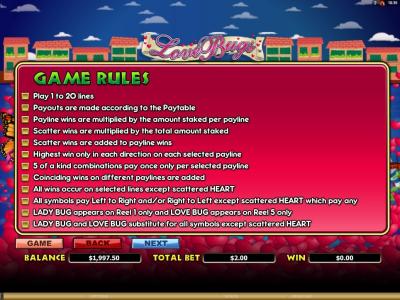 Love Bugs Slot Machine Game Rules Screen