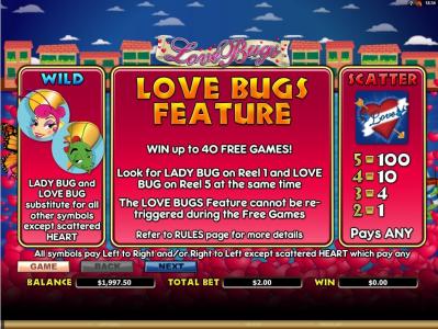 Love Bugs Slot Machine Scatter Awards and Wild Symbol Screen