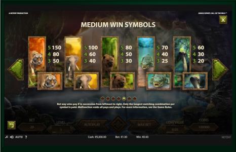 Jungle Spirit: Call of the Wild Slot Machine Paytable Screen
