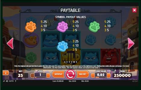 Copy Cats Slot Machine Paytable Screen