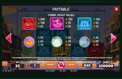 Copy Cats Slot Machine Paytable Screen