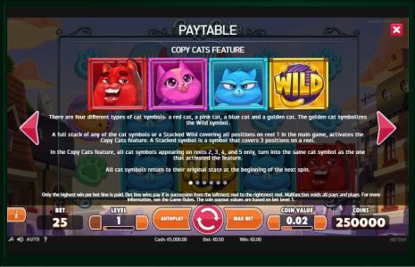 Copy Cats Slot Machine Paytable Screen