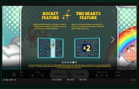 Emoji planet Slot Machine Rocket and Two Hearts Features Screen