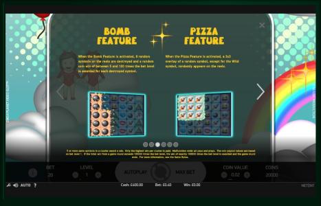 Emoji planet Slot Machine Bomb and Pizza Features Screen