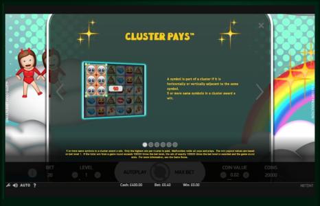 Emoji planet Slot Machine Cluster Pays Screen