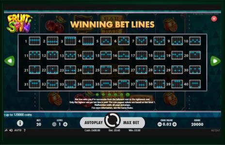 Fruit Spin Slot Machine Paylines Screen