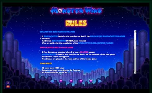 Monster Wins Slot Machine Game Rules Screen