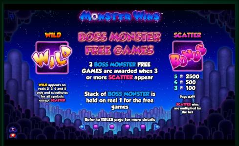 Monster Wins Slot Machine Scatter Awards and Wild Symbol Screen