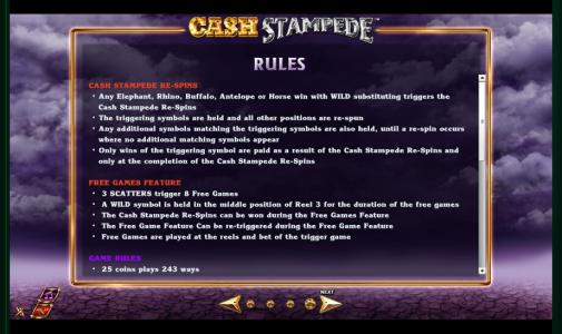 Cash Stampede Slot Machine Game Rules Screen