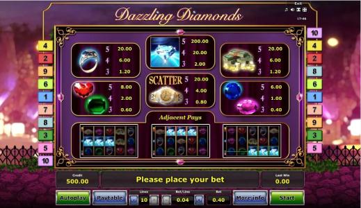 Dazzling Diamonds Slot Machine Paytable Screen