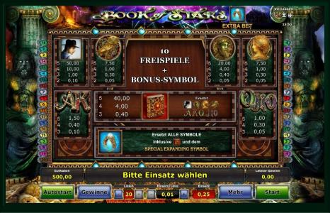 Book of Stars Slot Machine Paytable Screen