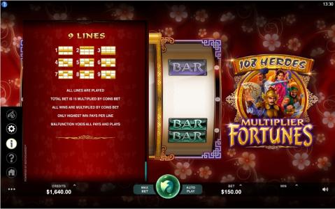 108 Heroes Multiplier Fortunes Slot Machine Paylines Screen