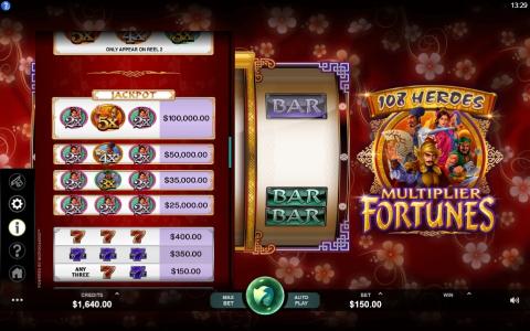 108 Heroes Multiplier Fortunes Slot Machine Paytable Screen