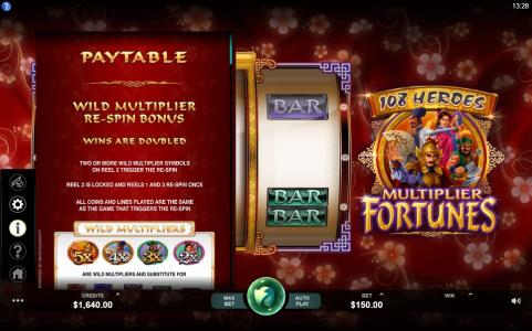 108 Heroes Multiplier Fortunes Slot Machine Paytable Screen