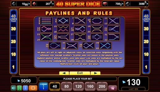 40 Super Dice Slot Machine Paylines Screen