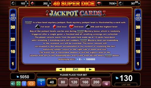 40 Super Dice Slot Machine Jackpot Cards Feature Screen