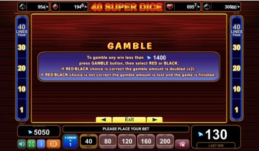 40 Super Dice Slot Machine Gamble Feature Screen