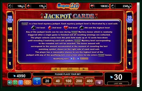 20 Super Hot Slot Machine Jackpot Cards Feature Screen