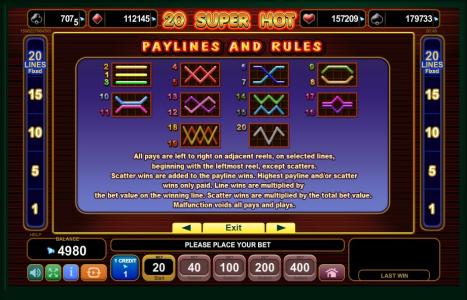 20 Super Hot Slot Machine Paylines Screen