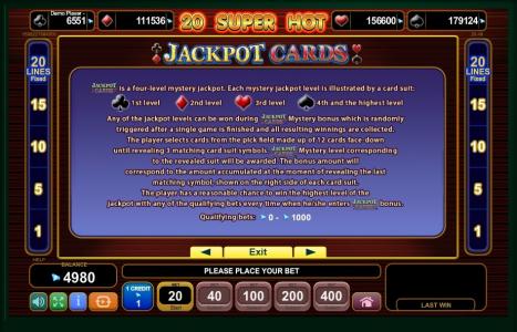 20 Super Hot Slot Machine Jackpot Cards Feature Screen