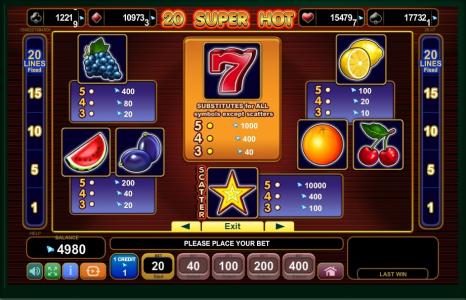 20 Super Hot Slot Machine Paytable Screen