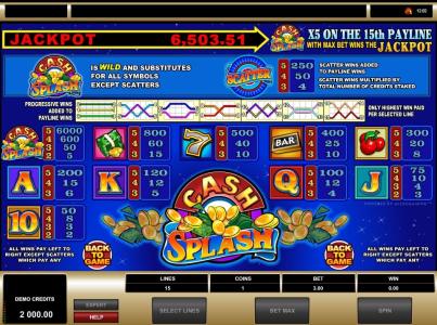 Cash Splash 5 Reel Slot Machine Paytable Screen