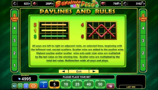 Burning Dice Slot Machine Paylines Screen