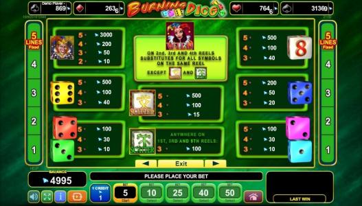 Burning Dice Slot Machine Paytable Screen