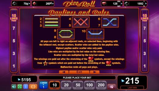 Dice and Roll Slot Machine Paylines Screen