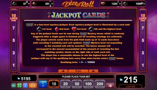 Dice and Roll Slot Machine Jackpot Cards Feature Screen