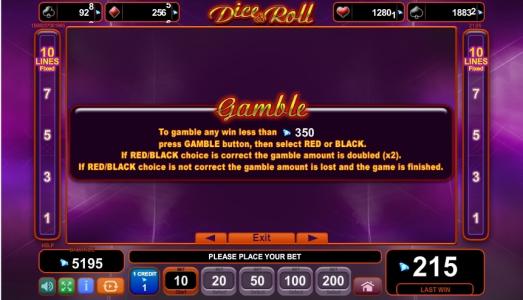 Dice and Roll Slot Machine Gamble Feature Screen