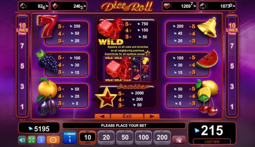 Dice and Roll Slot Machine Paytable Screen