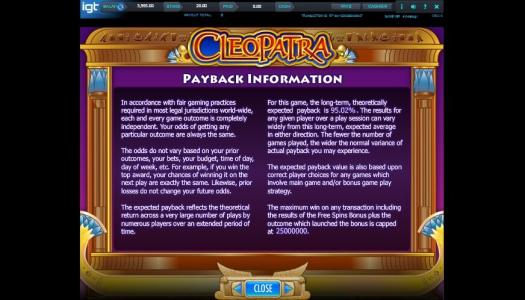Cleopatra II Slot Machine Payback Information Screen