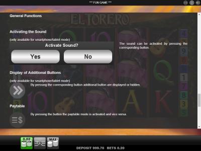 El Torero Slot Machine Help and Full Screen Options