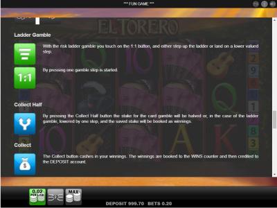 El Torero Slot Machine Ladder Gamble and Collect Options Screen.