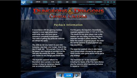 Dungeons and Dragons Crystal Caverns Slot Machine Payback Information Screen