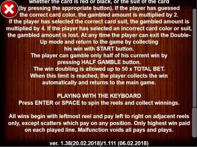 Duck of Luck Slot Machine Gamble and Keyboard Instructions Screen