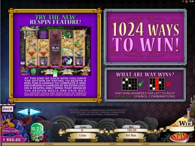 Hot Ink Slot Machine Respin Feature and 1024 Ways to Win Screen