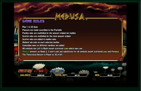 Medusa II Slot Machine Game Rules Screen